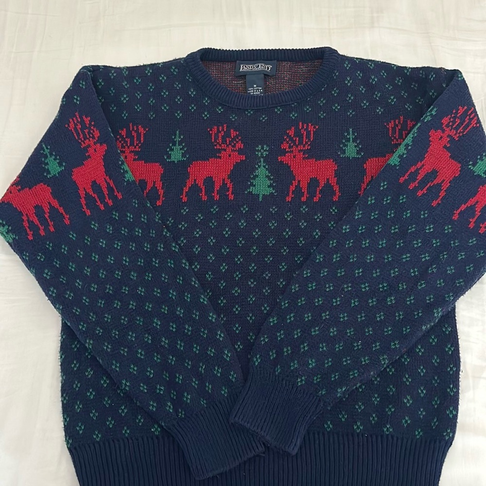 Lands' End Navy Blue Reindeer Crewneck Sweater